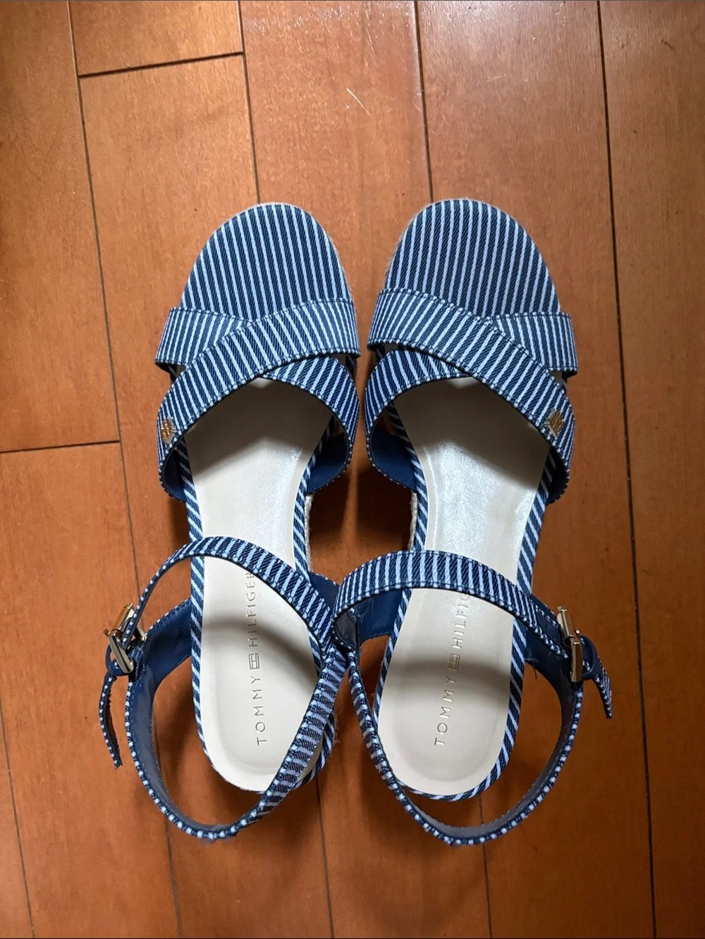 Tommy Hilfiger Navy and White Striped Sandals with Ankle Strap